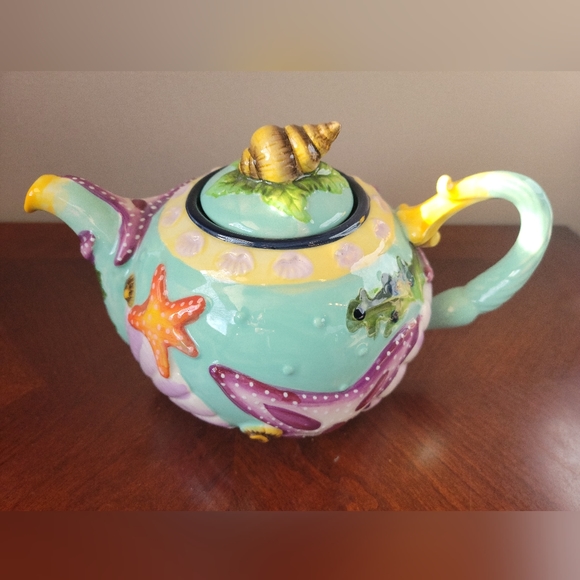 BLUE SKY Starfish Seashell Teapot Functional Art Cottagecore Beach House - Picture 3 of 11